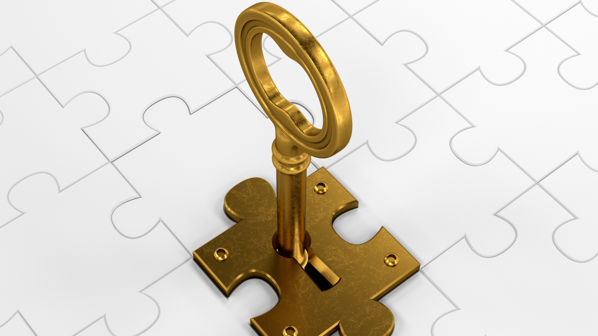 Golden key open a puzzle piece shaped lock